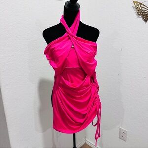 Hot Pink Halter Ruched Mini Dress - Women's Party Dress